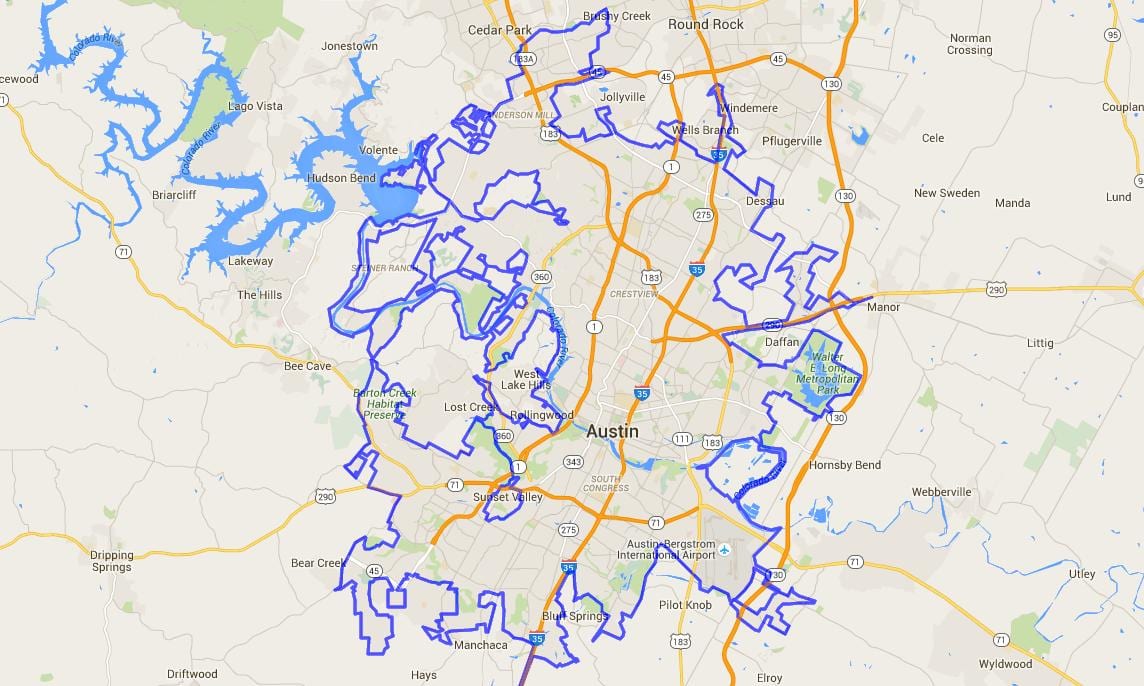 નકશો ઓસ્ટિન શહેરમાં મર્યાદા